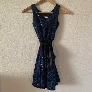 floral sparkly mini dress with ribbon belt